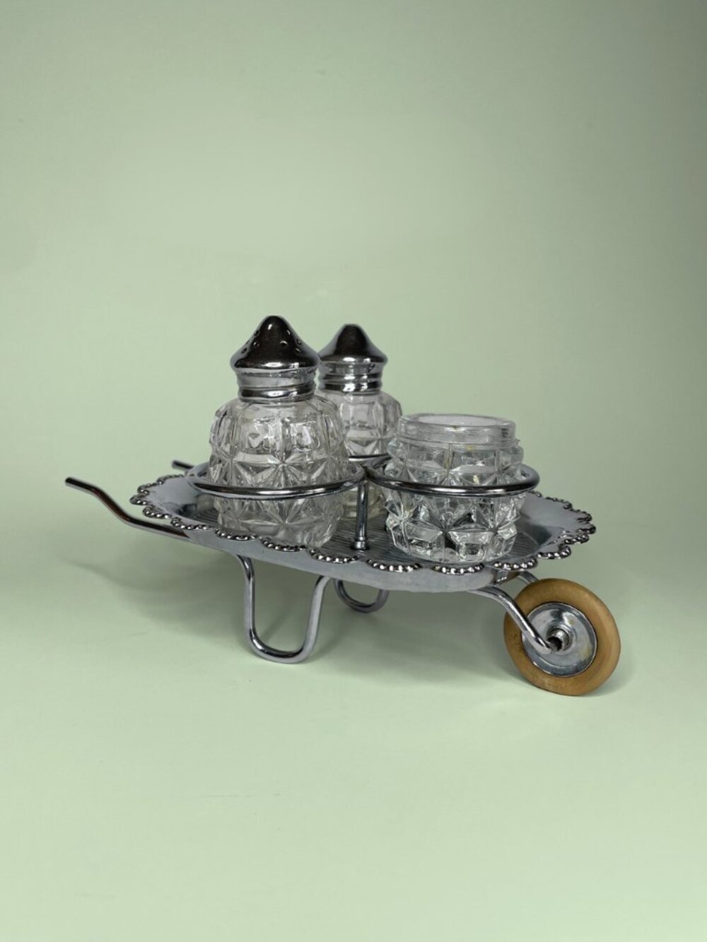 Vintage Sektic Chrome Wheelbarrow Condiment Set - Cut Glass Salt Pepper Caddy
